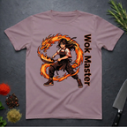 Paragon colored t-shirt with a fire dragon and chef design labeled 'Wok Master' on a dark surface.