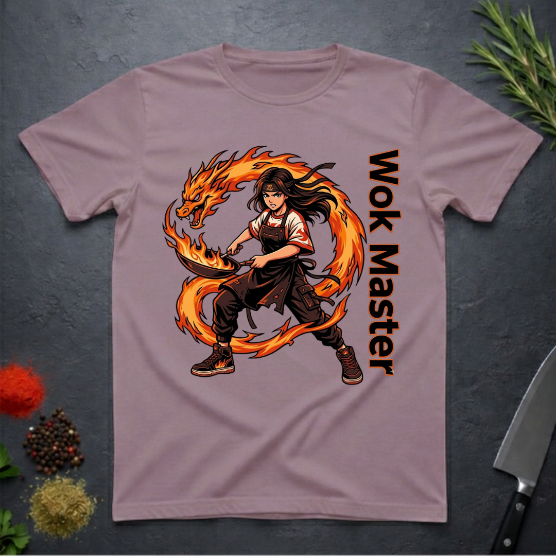 Paragon colored t-shirt with a fire dragon and chef design labeled 'Wok Master' on a dark surface.