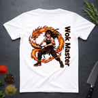 White t-shirt with a fire dragon and chef design labeled 'Wok Master' on a dark surface.