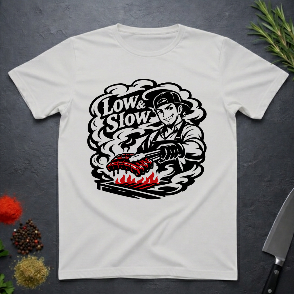 Ice Grey t-shirt with 'Low & Slow' barbecue graphic on a dark surface with kitchen items.