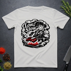 Ice Grey t-shirt with 'Low & Slow' barbecue graphic on a dark surface with kitchen items.