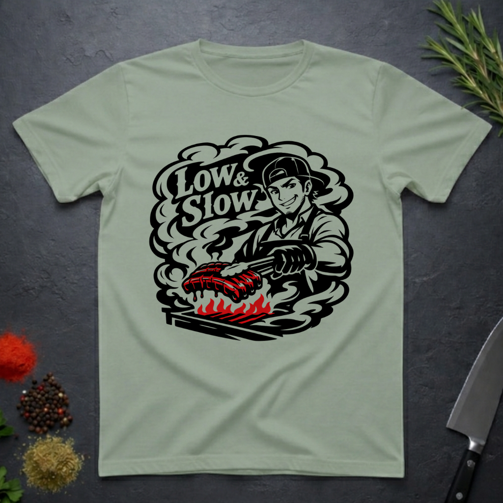 Sage Green t-shirt with 'Low & Slow' graphic design on a dark surface.