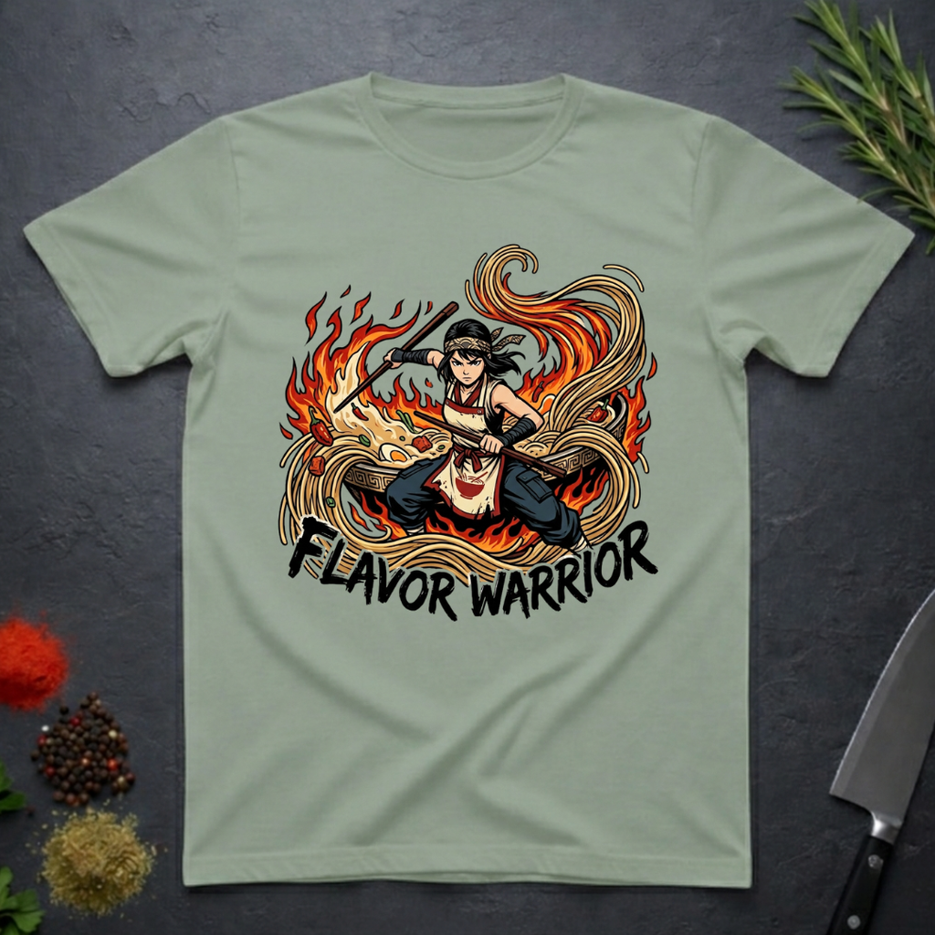 Sage Green t-shirt with 'Flavor Warrior' graphic anime design on a dark surface.