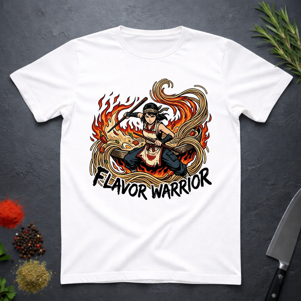 White t-shirt with 'Flavor Warrior' graphic anime design on a dark surface with spices and a knife.