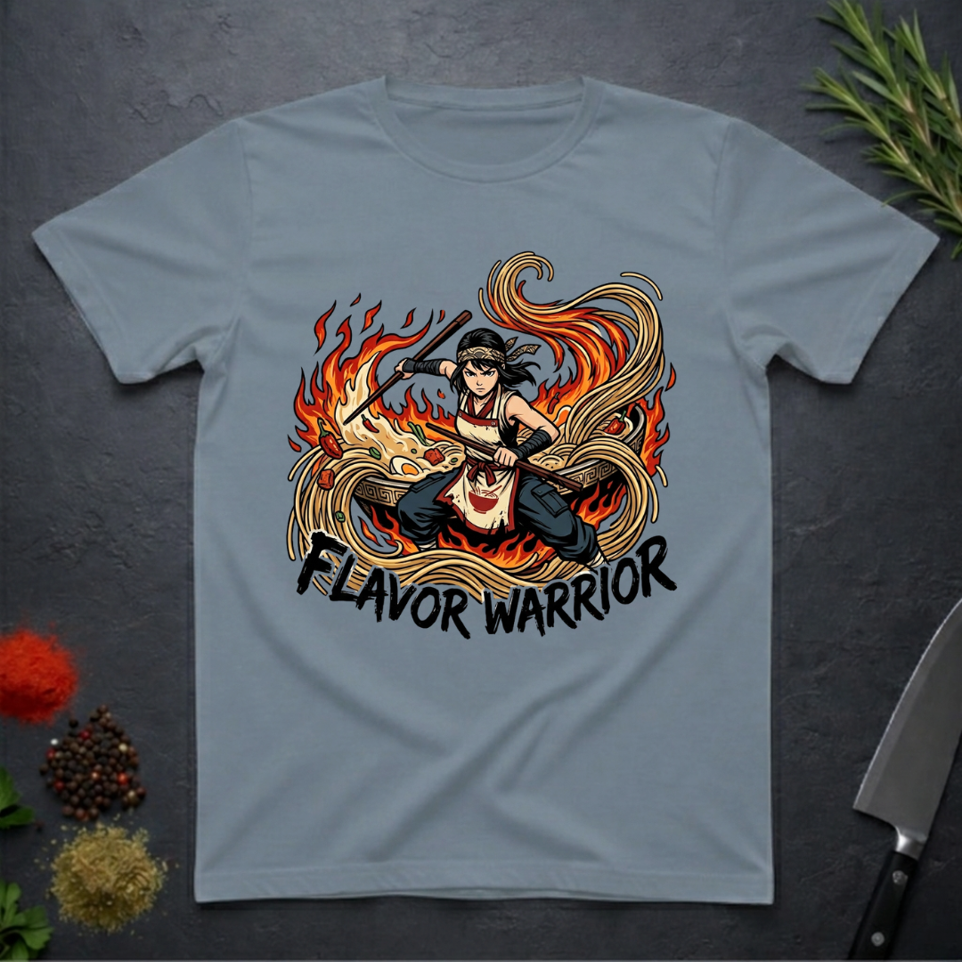 Stone Blue t-shirt with 'Flavor Warrior' graphic anime design on a dark surface.