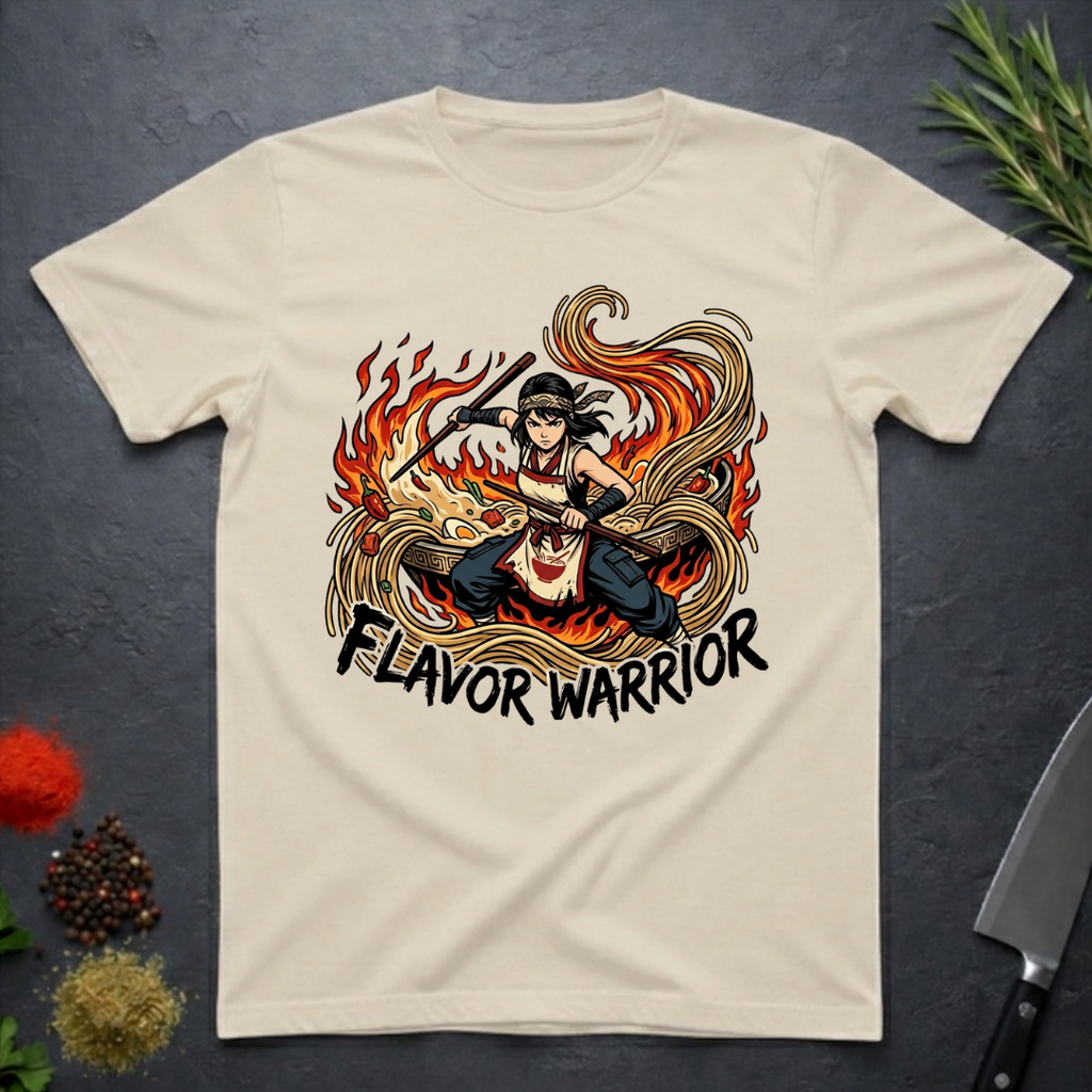 Sand colored t-shirt with 'Flavor Warrior' graphic anime design on a dark surface with spices and a knife.