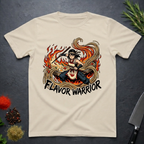 Sand colored t-shirt with 'Flavor Warrior' graphic anime design on a dark surface with spices and a knife.