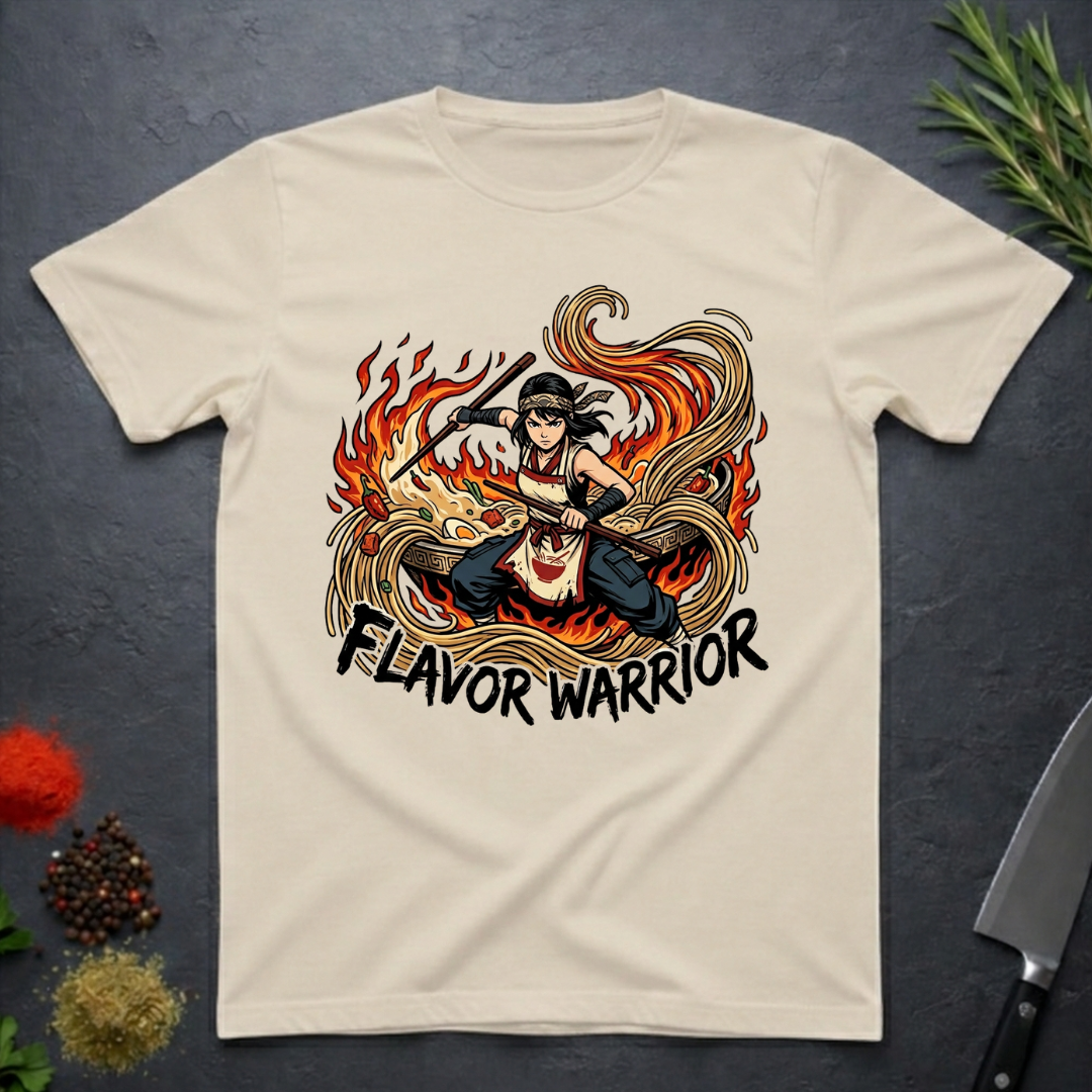 Sand colored t-shirt with 'Flavor Warrior' graphic anime design on a dark surface with spices and a knife.