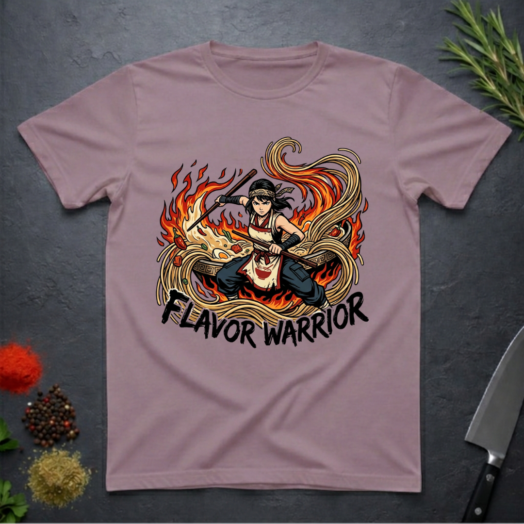 Paragon t-shirt with 'Flavor Warrior' graphic anime design on a dark surface with spices and a knife.