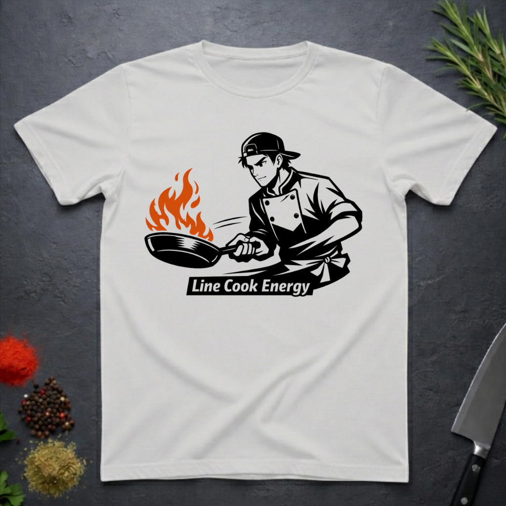 White t-shirt with a graphic of a chef and 'Line Cook Energy' text on a dark surface.