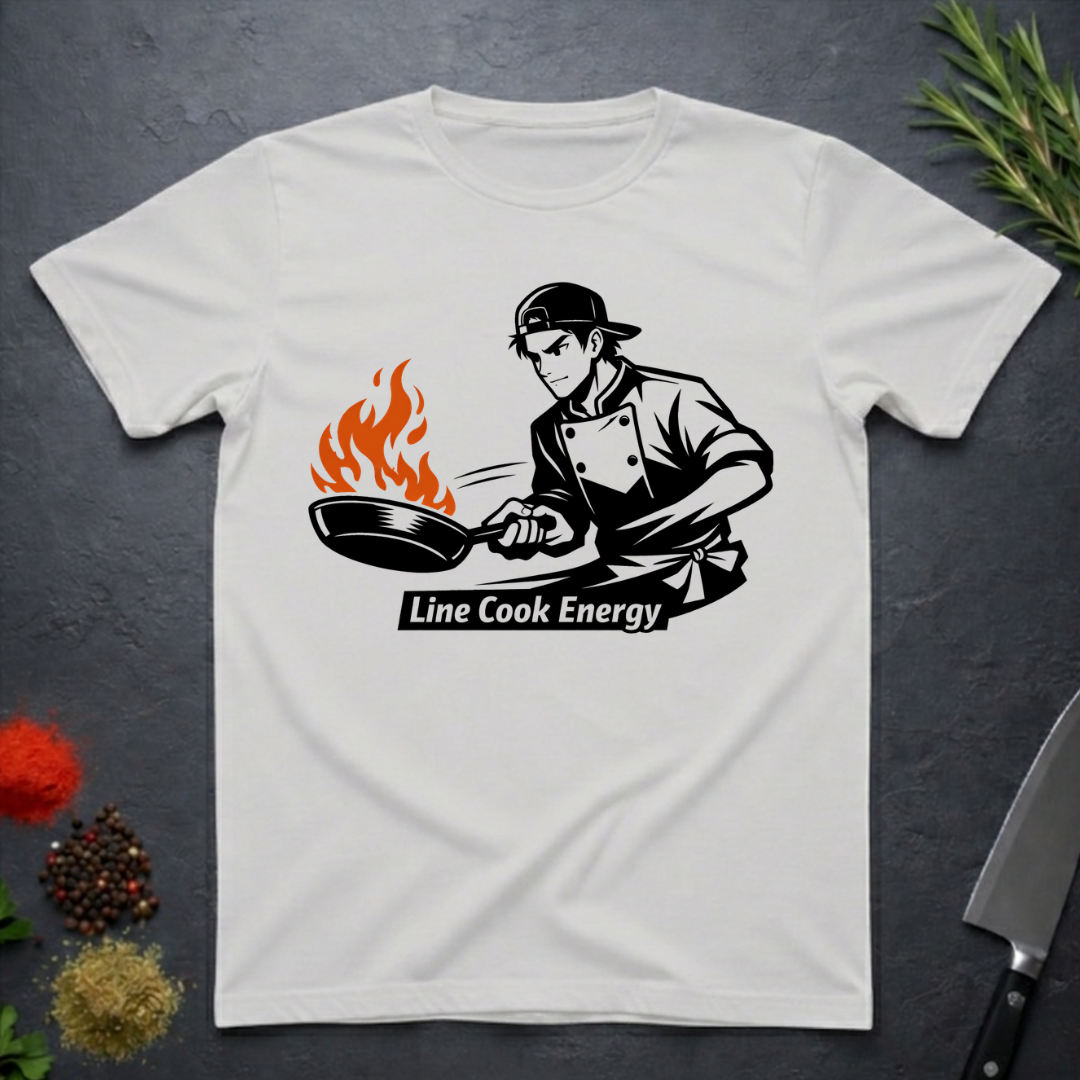 White t-shirt with a graphic of a chef and 'Line Cook Energy' text on a dark surface.