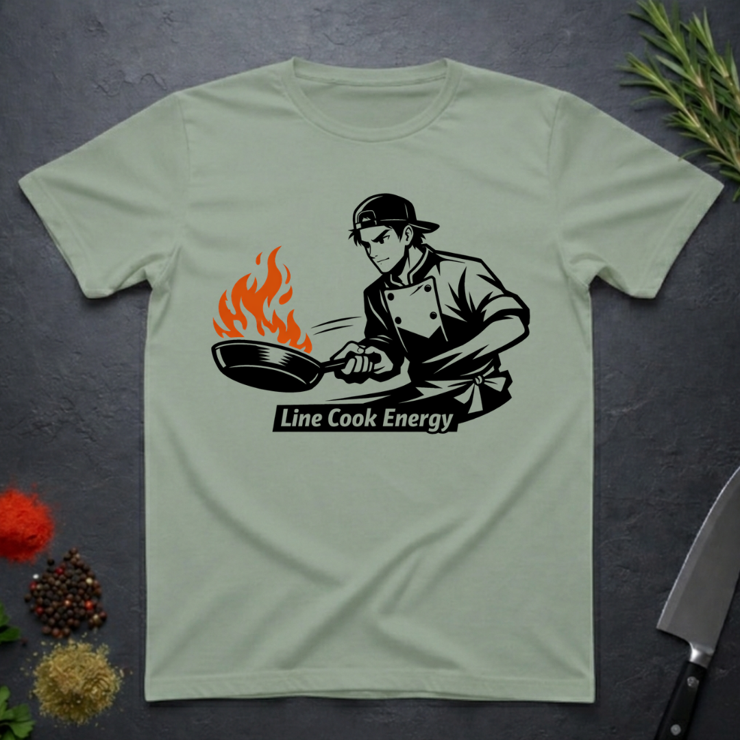 Sage Green t-shirt with a graphic of a chef and 'Line Cook Energy' text on a dark surface.