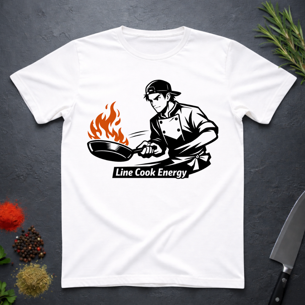 White t-shirt with a graphic of a chef and 'Line Cook Energy' text on a dark surface with kitchen items.