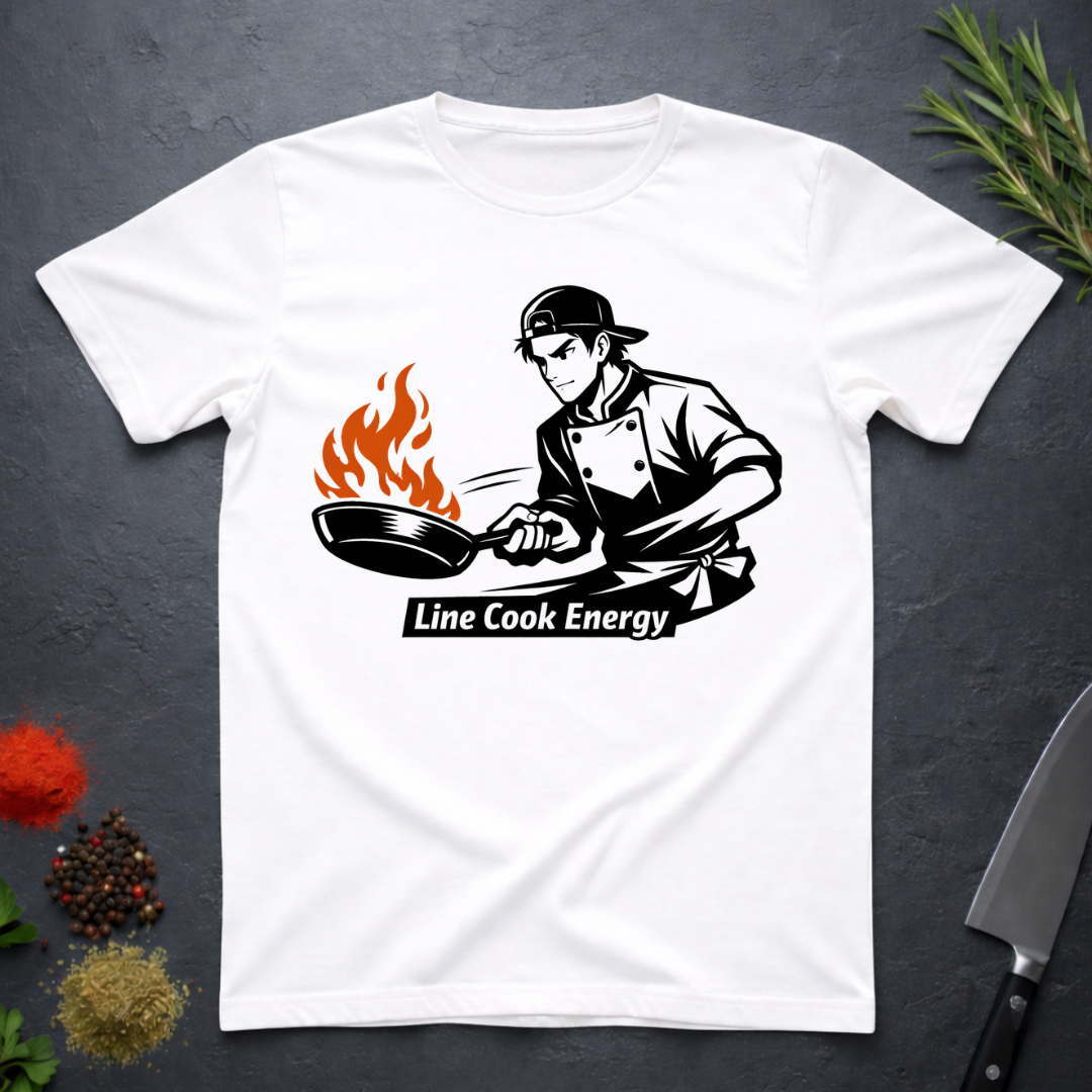 White t-shirt with a graphic of a chef and 'Line Cook Energy' text on a dark surface with kitchen items.