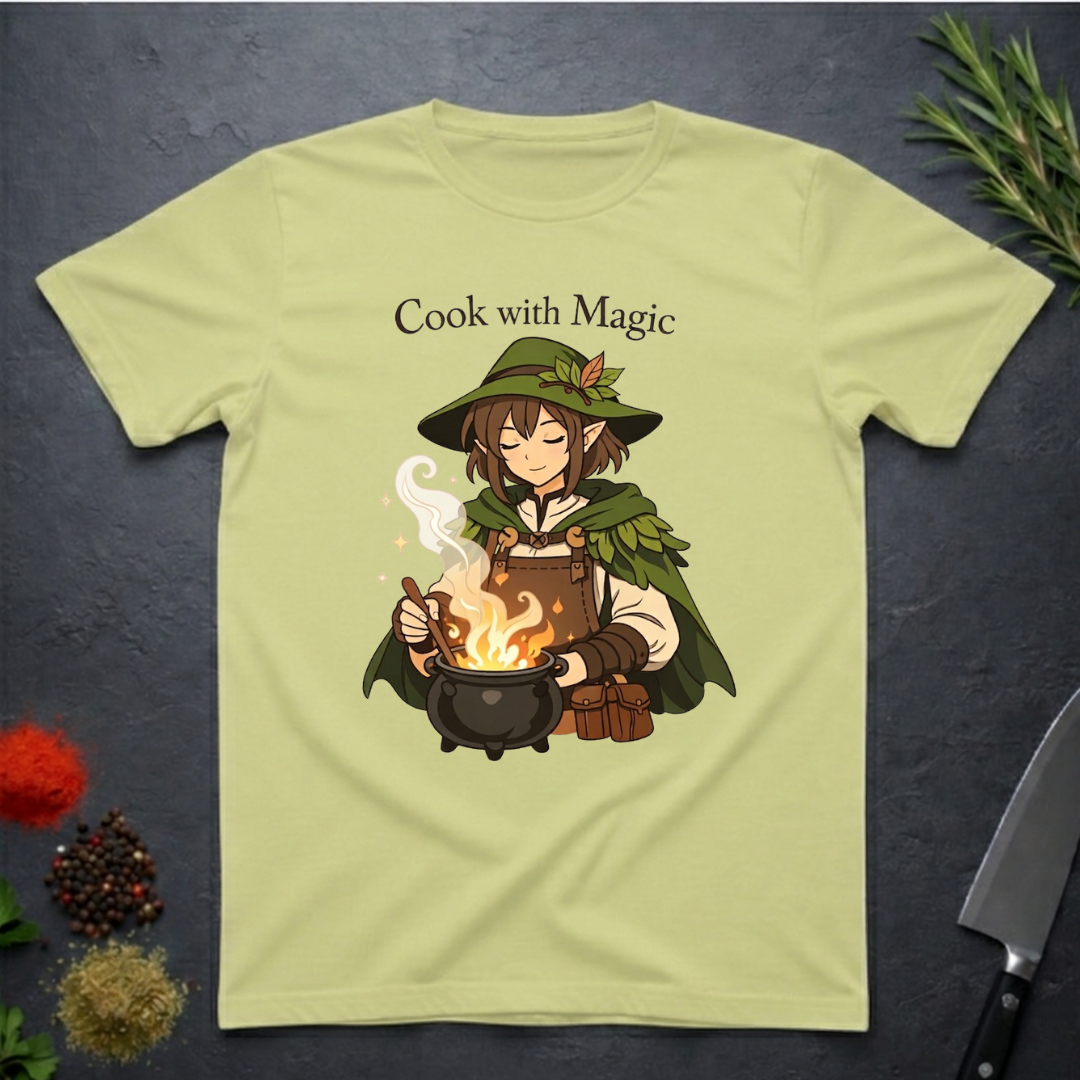 Pistachio green t-shirt with a anime type elf character cooking over a fire, text 'Cook with Magic', on a dark surface with kitchen items.