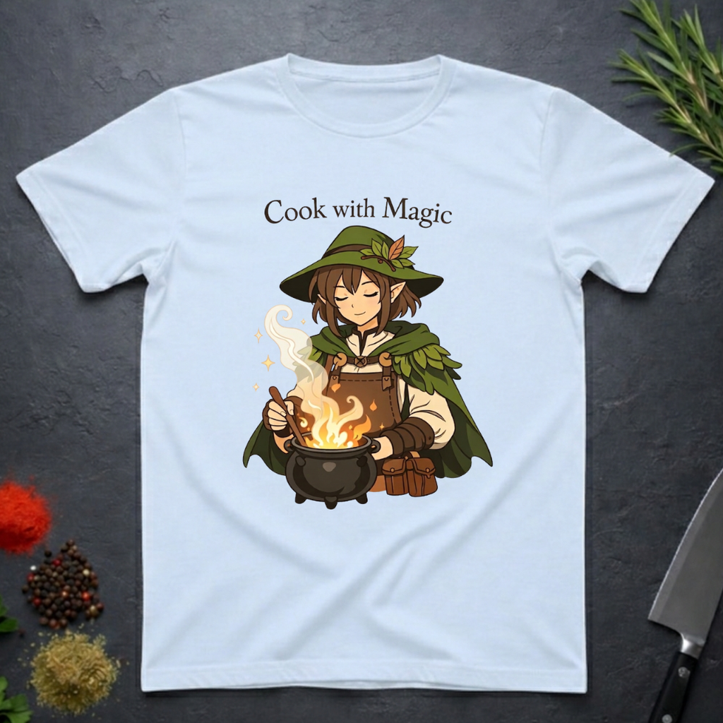 Light Blue t-shirt with a anime type elf character cooking over a fire, text 'Cook with Magic', on a dark surface with kitchen items.