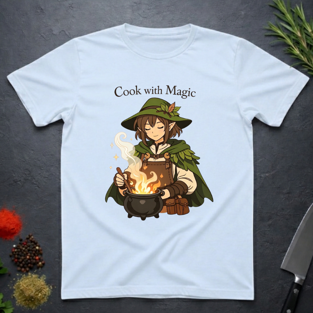 Light Blue t-shirt with a anime type elf character cooking over a fire, text 'Cook with Magic', on a dark surface with kitchen items.