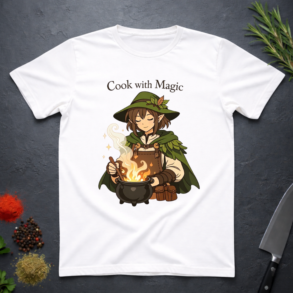 White t-shirt with a anime type elf character cooking over a fire, text 'Cook with Magic', on a dark surface with kitchen items.