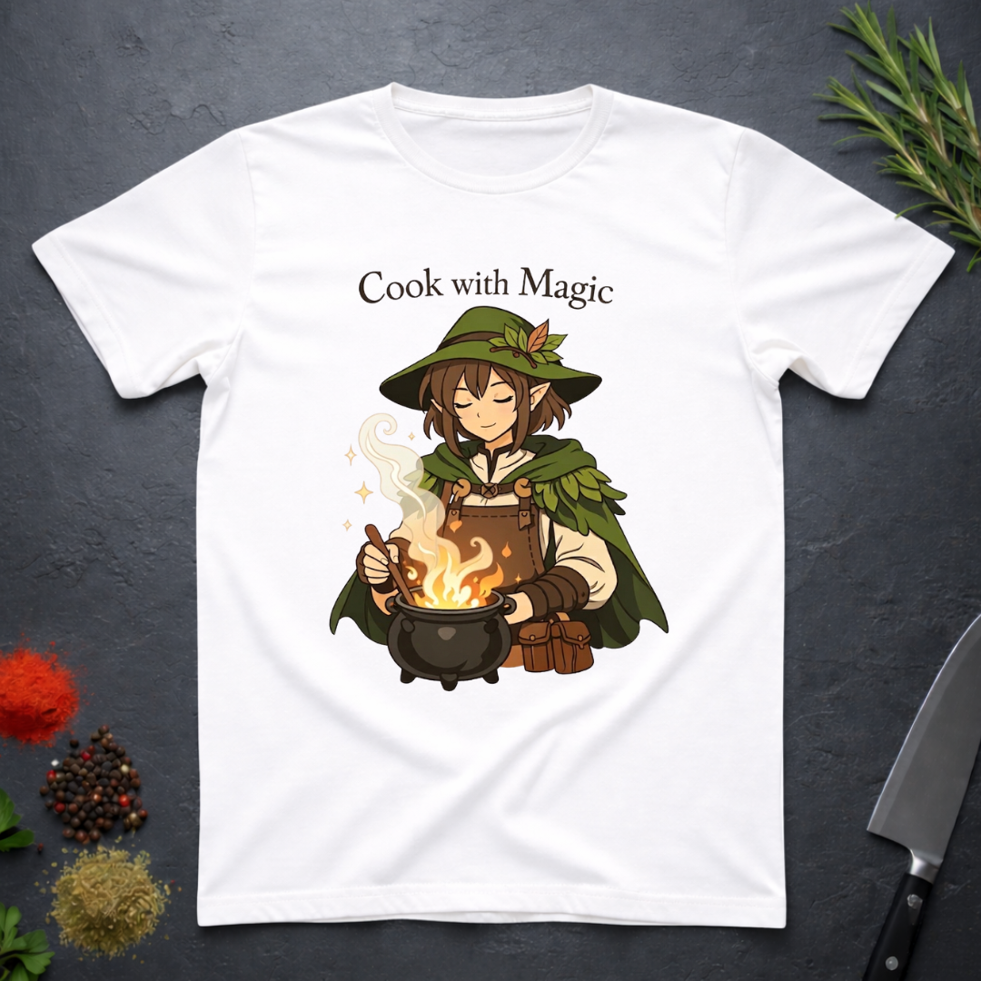 White t-shirt with a anime type elf character cooking over a fire, text 'Cook with Magic', on a dark surface with kitchen items.