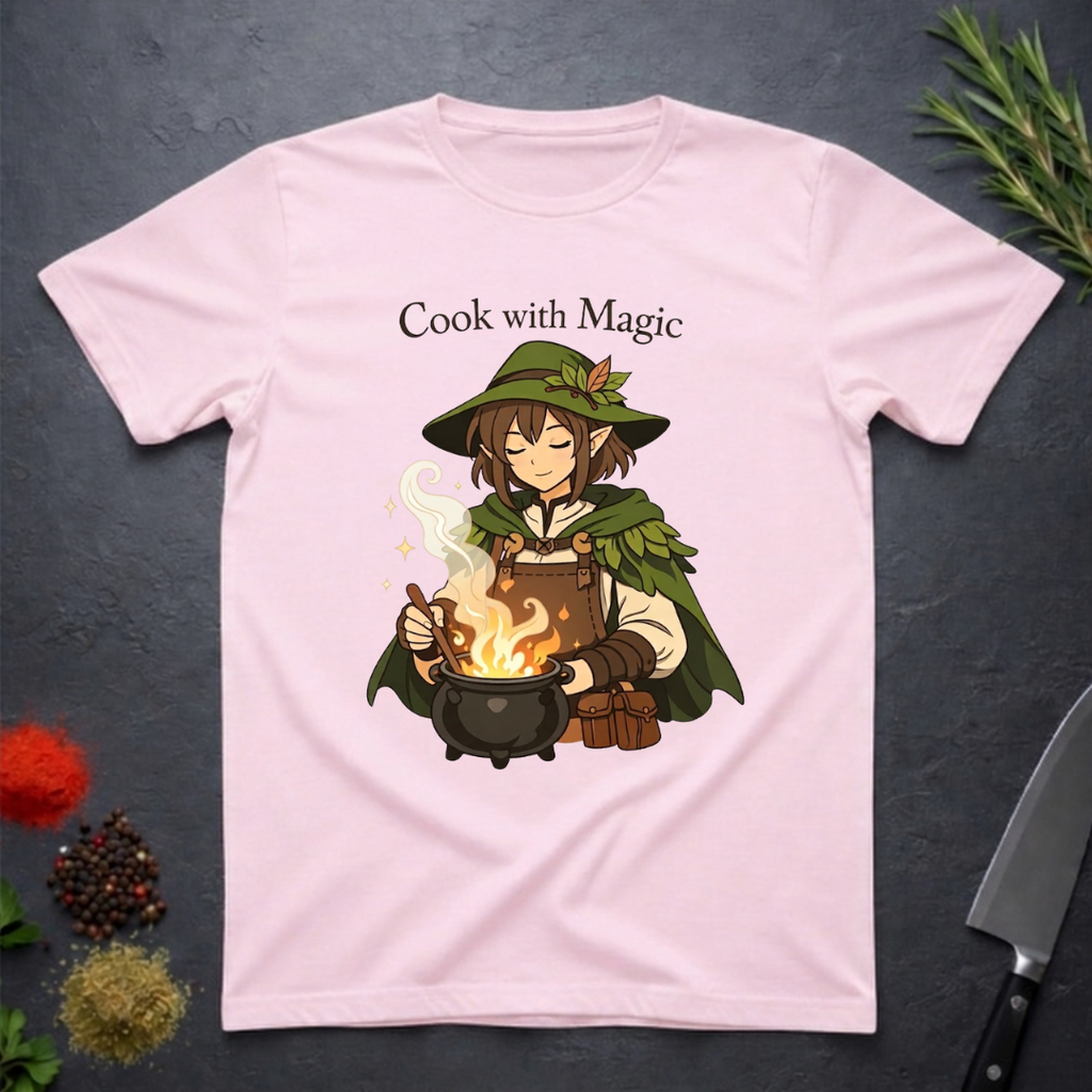Light Pink t-shirt with a anime type elf character cooking over a fire, text 'Cook with Magic', on a dark surface with kitchen items.