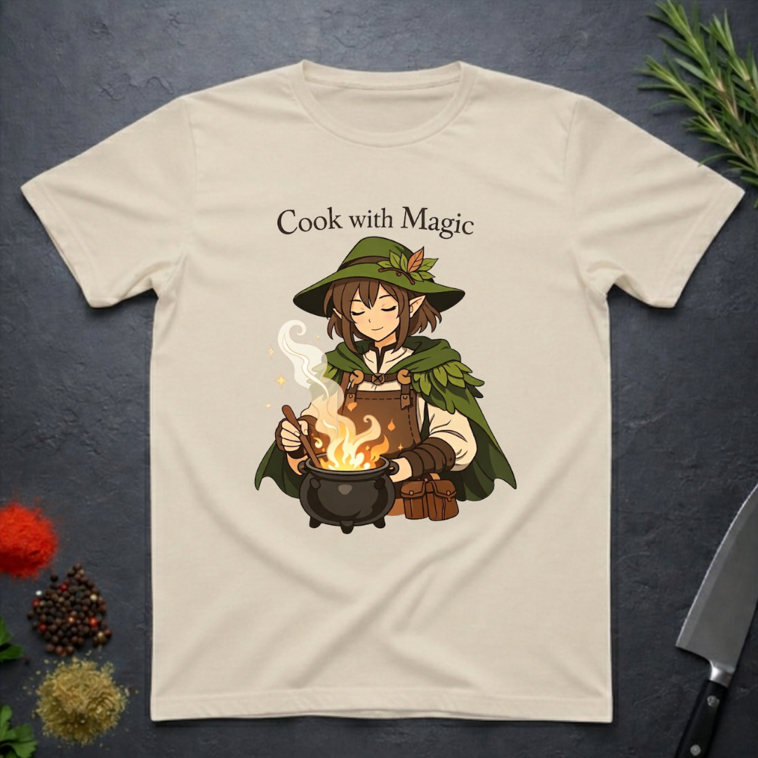 Sand colored t-shirt with a anime type elf character cooking over a fire, text 'Cook with Magic', on a dark surface with kitchen items.