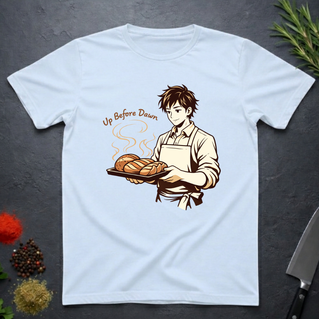Light Blue t-shirt with a graphic of a baker holding bread and text 'Up Before Dawn' on a dark surface.