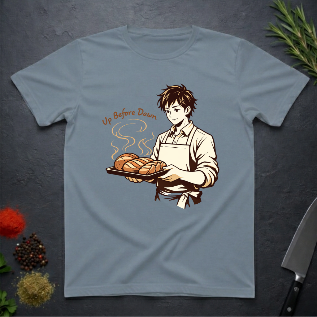 Stone Blue t-shirt with a graphic of a baker holding bread and text 'Up Before Dawn' on a dark surface.