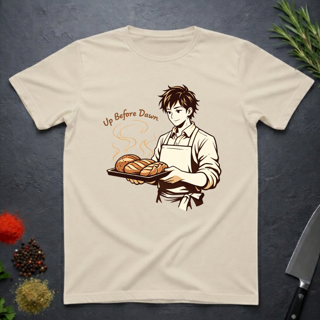 Sand colored t-shirt with a graphic of a baker holding bread and text 'Up Before Dawn' on a dark surface.