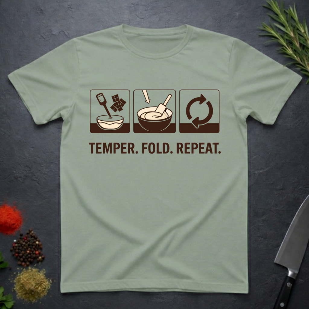 SAge Green t-shirt with chocolate-making diagram and text 'Temper. Fold. Repeat.' on a dark surface.