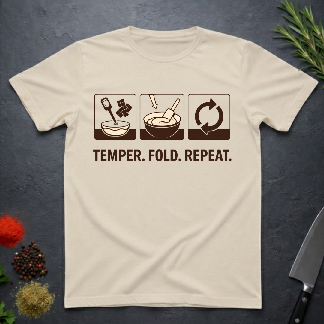 Sand colored t-shirt with chocolate-making diagram and text 'Temper. Fold. Repeat.' on a dark surface.