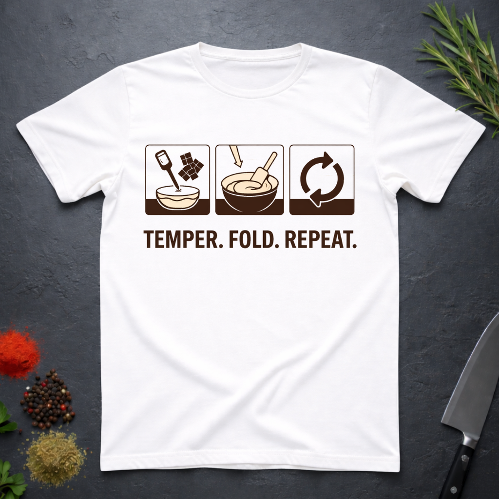 White t-shirt with chocolate-making diagram and text 'Temper. Fold. Repeat.' on a dark surface.