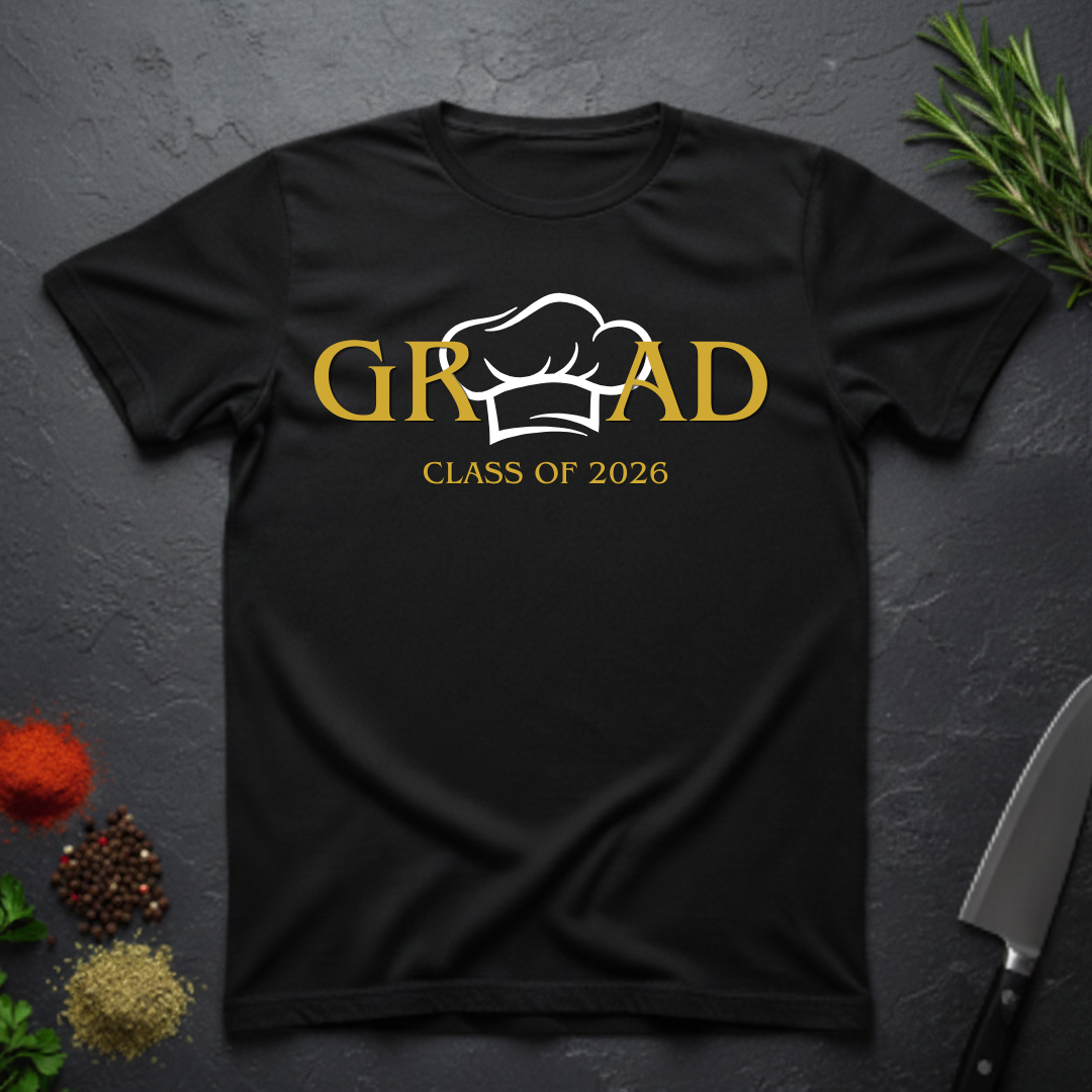 Black t-shirt with gold text 'GRAD Class of 2026' and a centered Chef's Toque design on a dark surface with decorative elements.