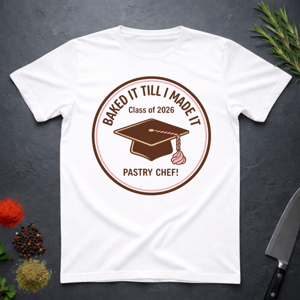 White t-shirt with a Pastry Chef "Baked It Till I Made It - Class of 2026" design on a dark surface with kitchen items.