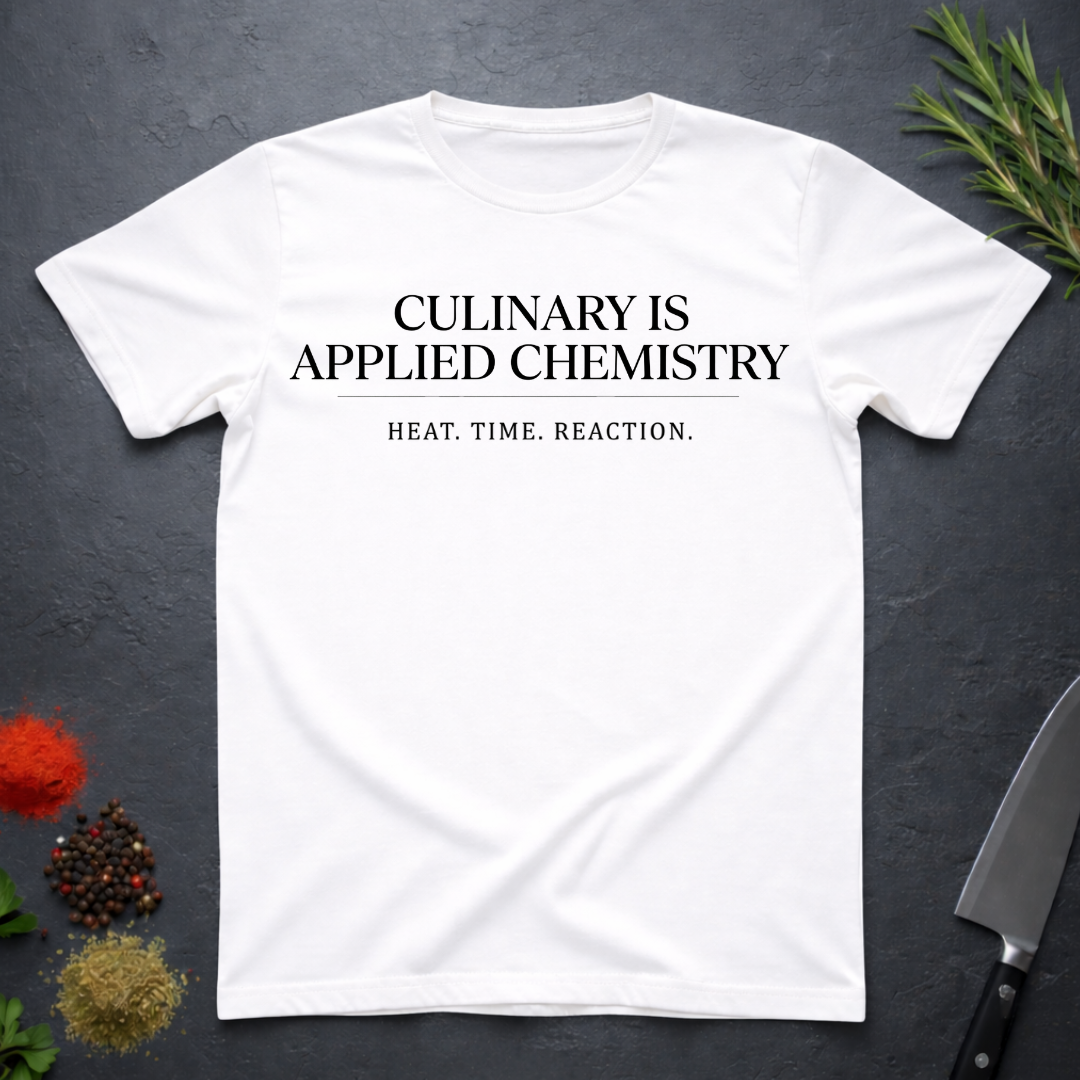 White t-shirt with 'Culinary is Applied Chemistry' text on a dark surface with kitchen items.