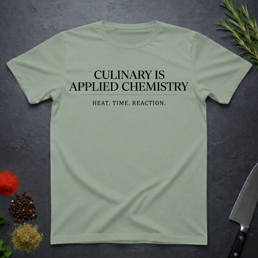 Sage Green t-shirt with black text on a dark surface with kitchen items.