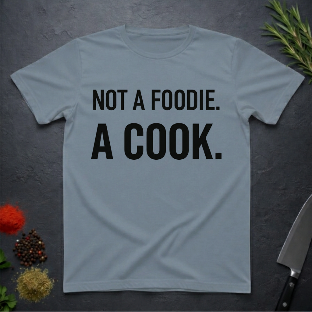 Stone Blue t-shirt with 'Not a foodie. A cook.' in bold text on a dark surface with kitchen items.