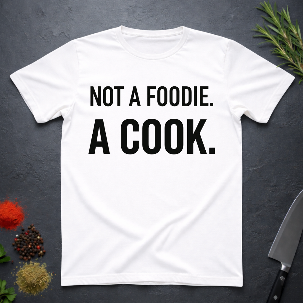 White t-shirt with 'Not a foodie. A cook.' in bold text on a dark surface with kitchen items.