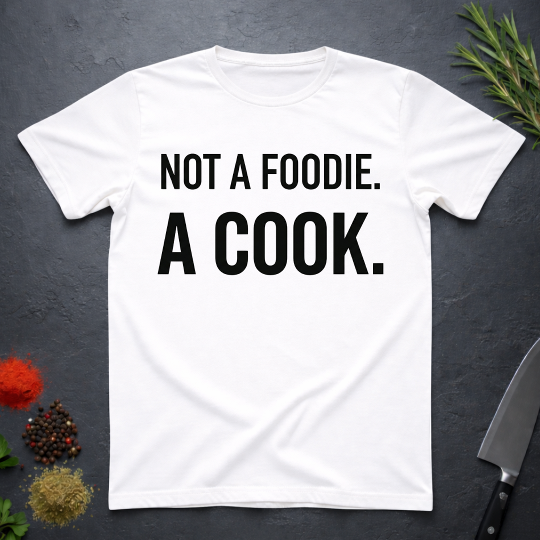 White t-shirt with 'Not a foodie. A cook.' in bold text on a dark surface with kitchen items.