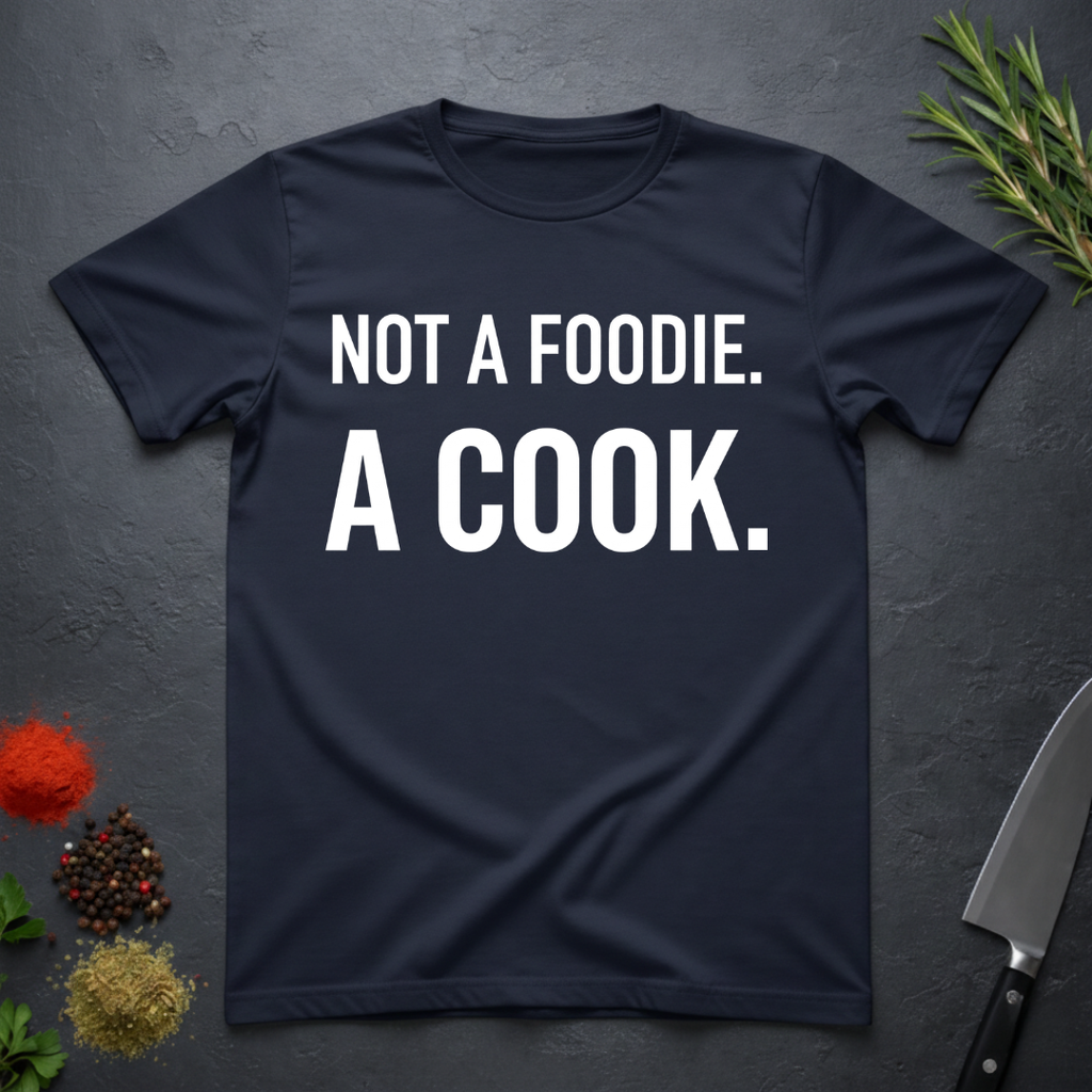 Navy blue t-shirt with 'Not a foodie. A cook.' in bold text on a dark surface with kitchen items.