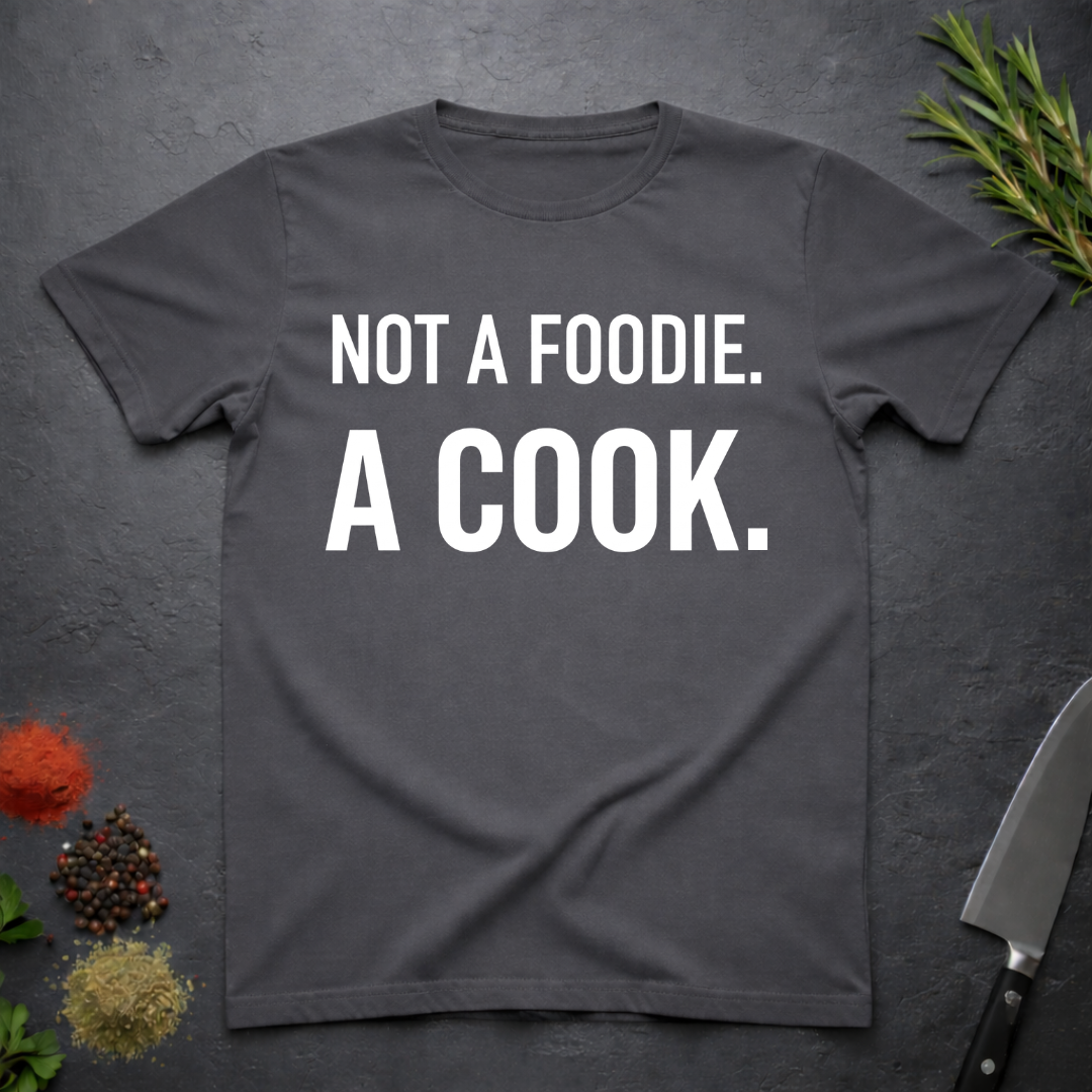 Charcoal Gray t-shirt with 'Not a foodie. A cook.' in bold text on a dark surface with kitchen items.