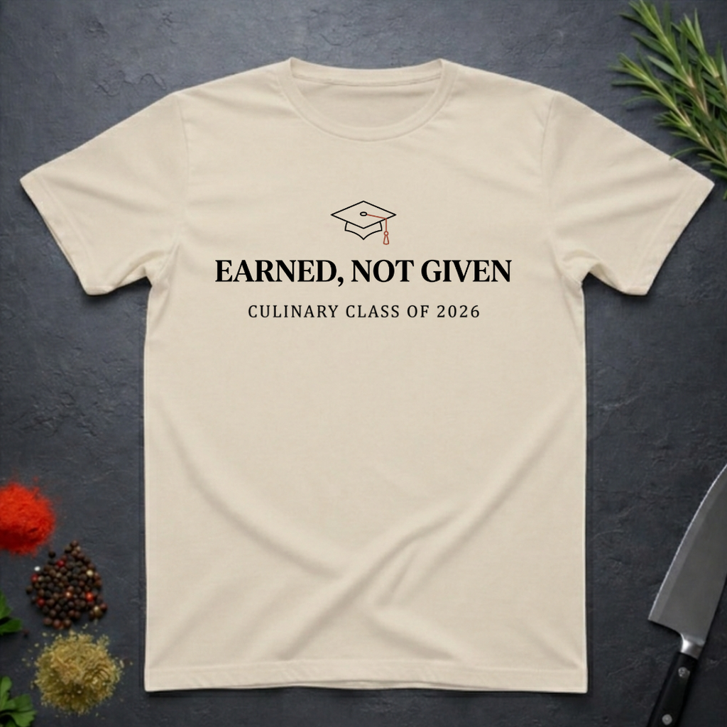 Sand colored t-shirt with 'Earned, Not Given Culinary Class of 2026' text on a dark surface.