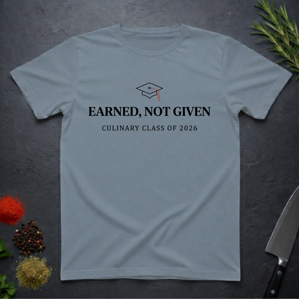 Stone Blue t-shirt with 'Earned, Not Given Culinary Class of 2026' text on a dark surface.
