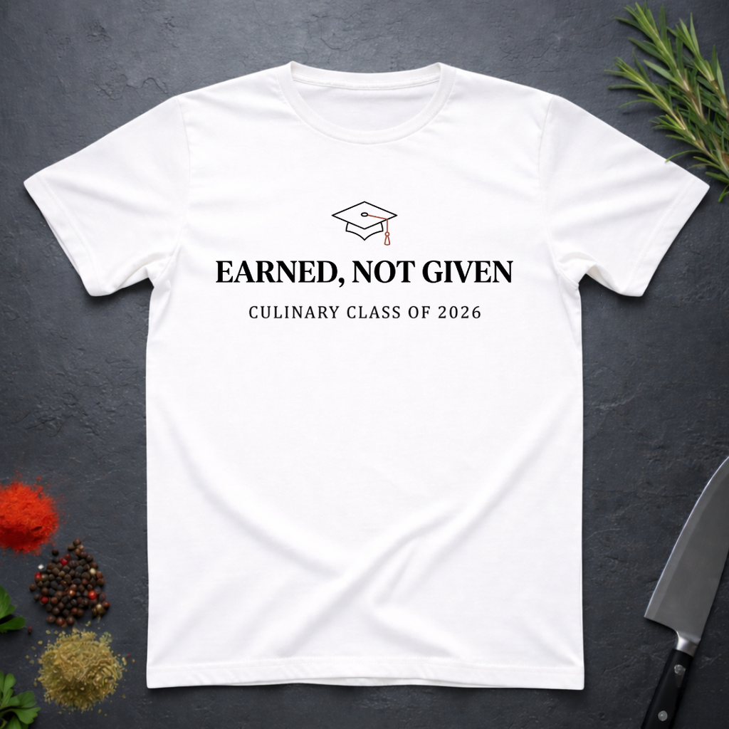White t-shirt with 'Earned, Not Given Culinary Class of 2026' text on a dark surface.