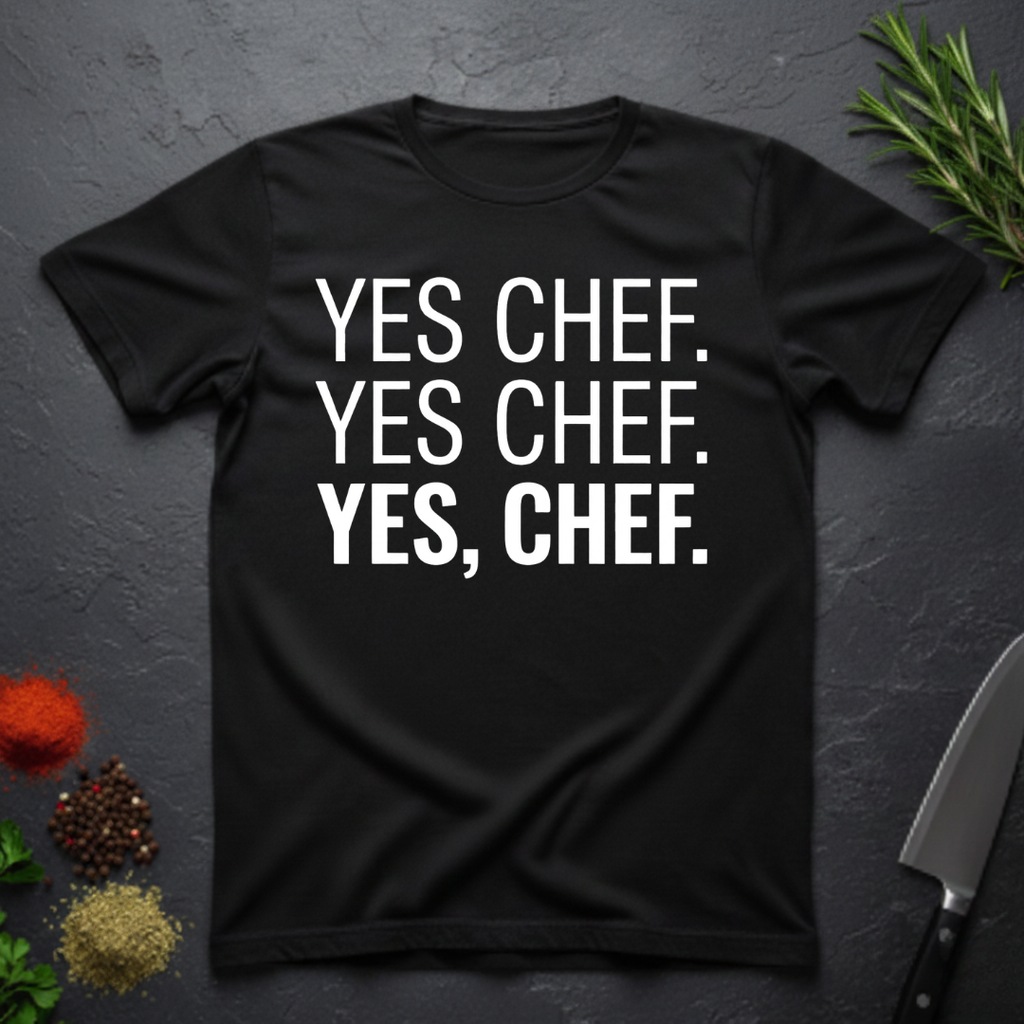 Black t-shirt with 'YES CHEF. YES CHEF. YES, CHEF.' text on a dark surface.