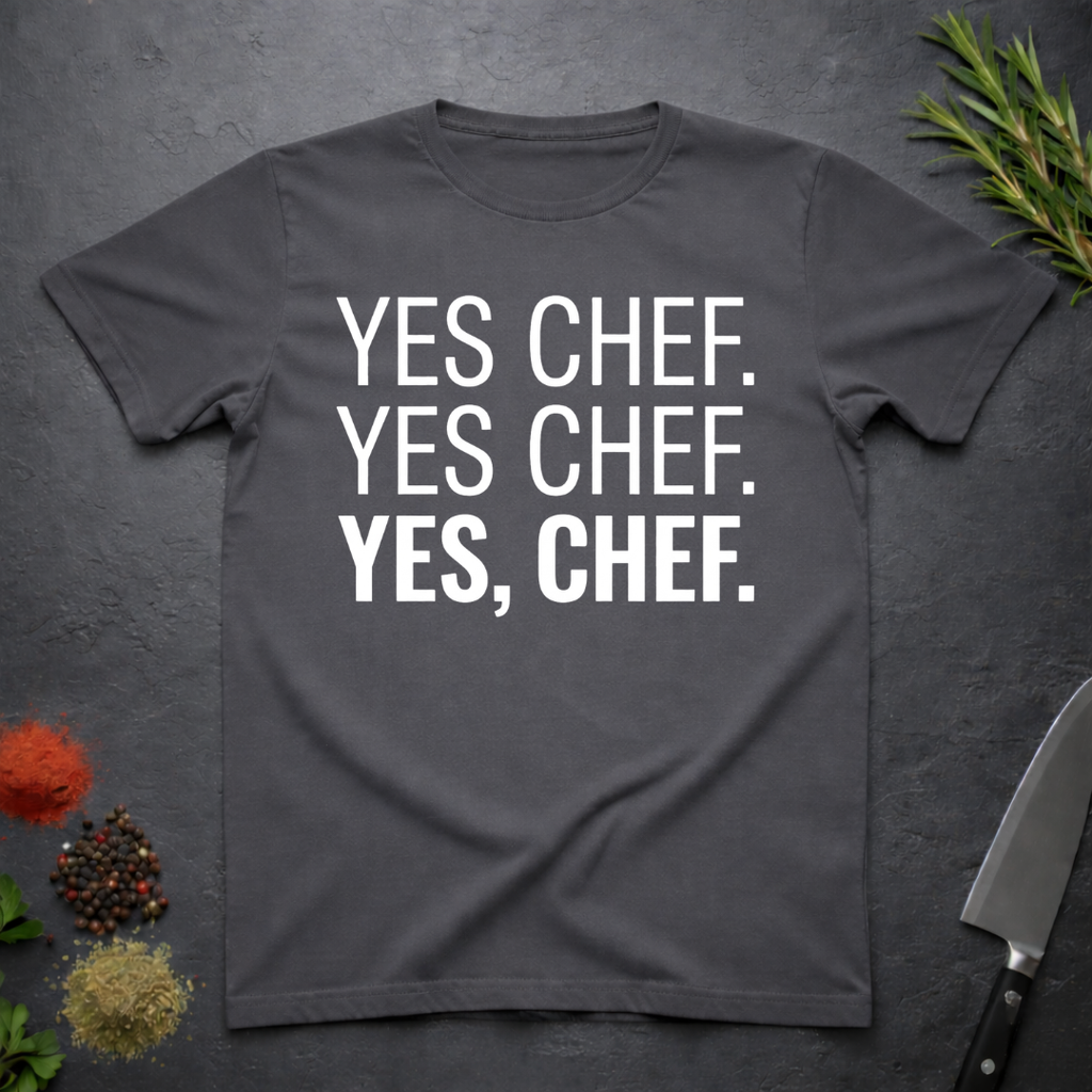 Charcoal Grey t-shirt with 'YES CHEF. YES CHEF. YES, CHEF.' text on a dark surface.