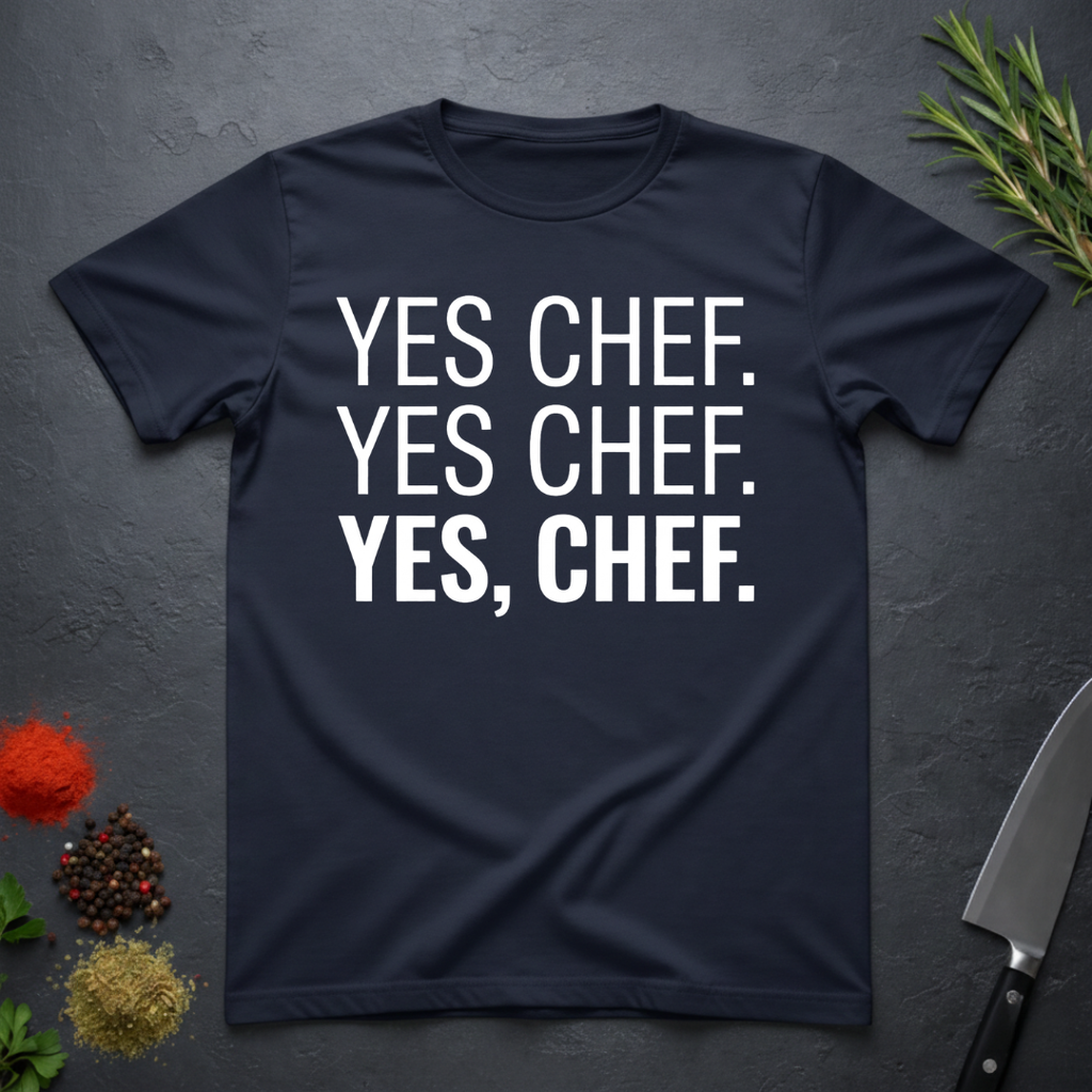 Navy Blue t-shirt with 'YES CHEF. YES CHEF. YES, CHEF.' text on a dark surface.