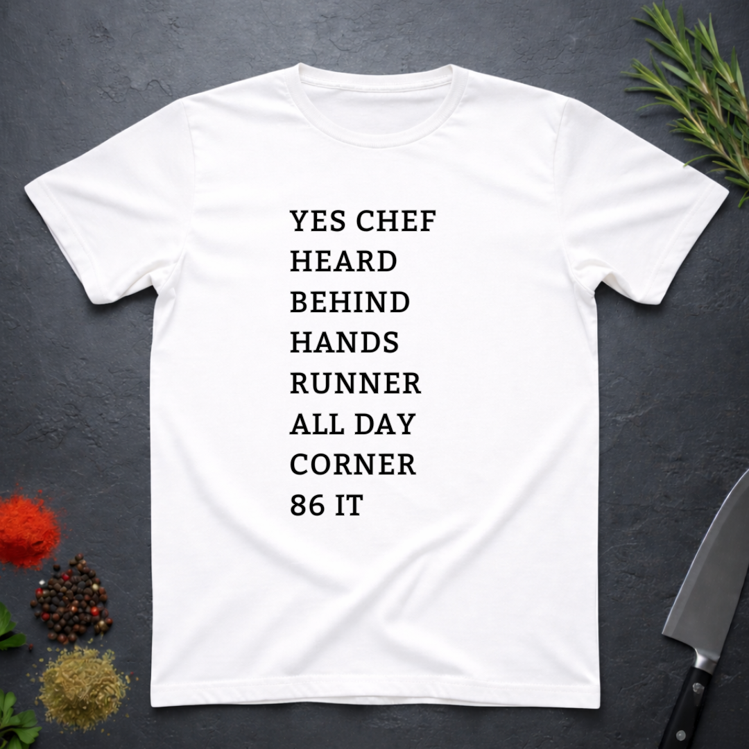 White t-shirt with list of back of house kitchen words in black text on a dark surface with kitchen items.