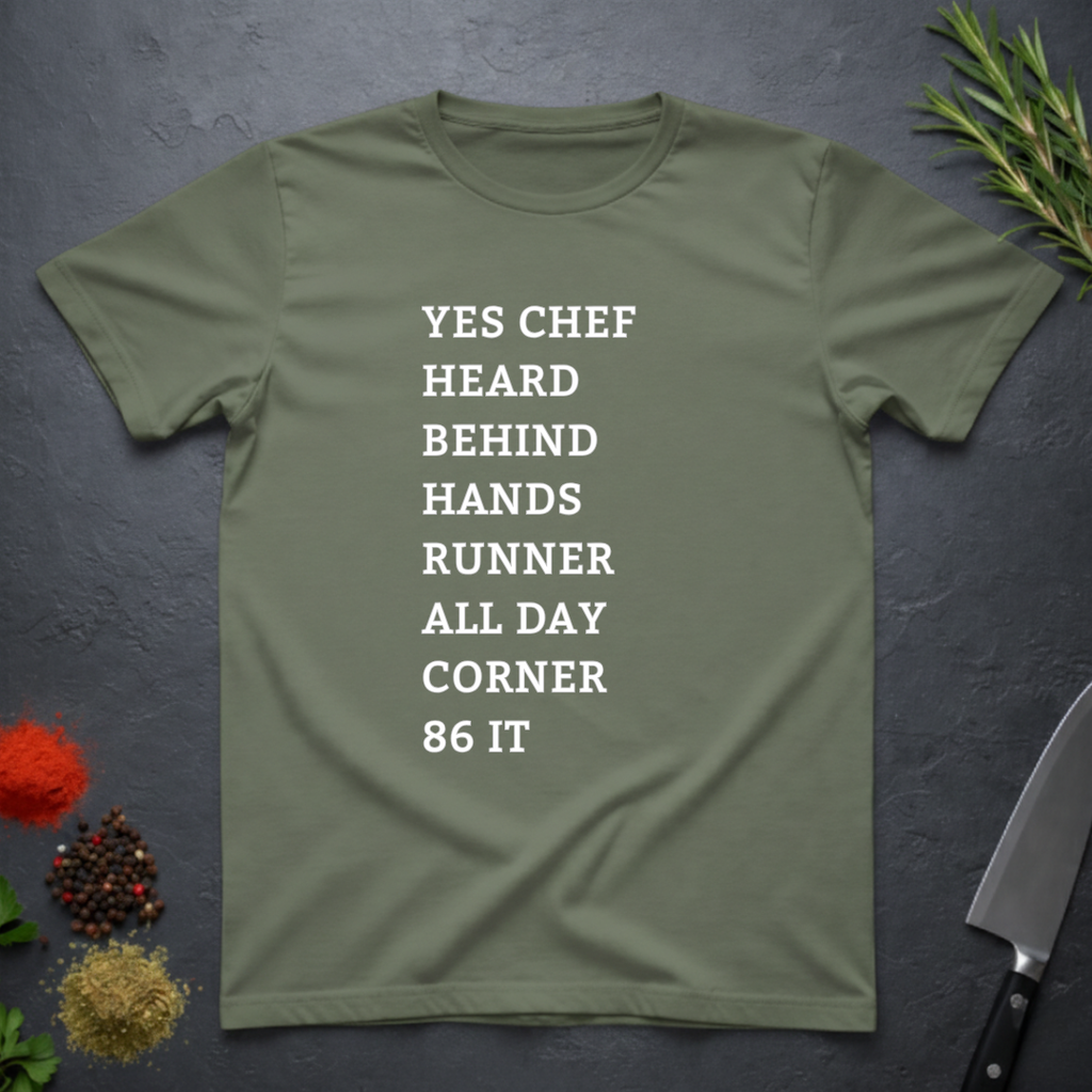 Military Green t-shirt with list of back of house kitchen words in white text on a dark surface with kitchen items.