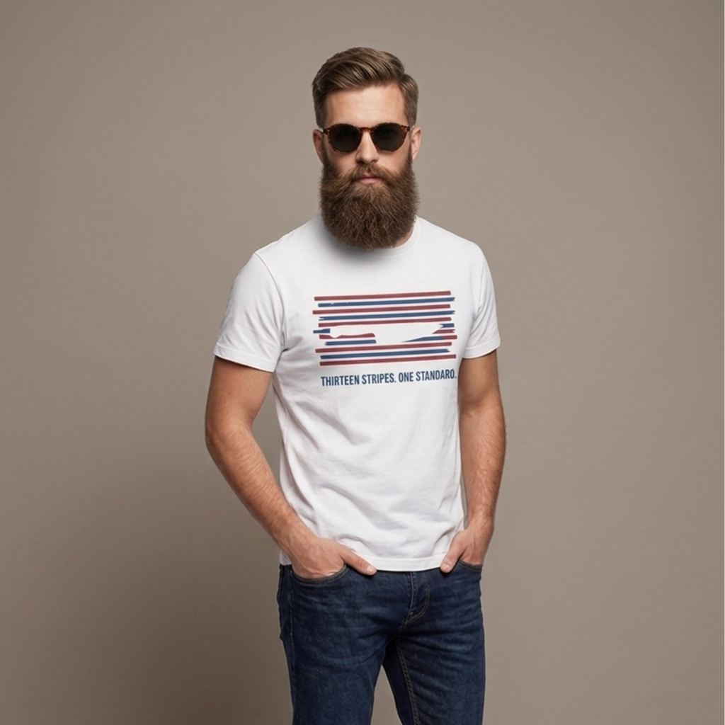 Man wearing dark jeans and white t-shirt on a brown light brown background. T-shirt has a graphic design of 13 red, white, and blue stripes with a cut out (negative space) image of a chef's knife and text "THIRTEEN STRIPES. ONE STANDARD."  