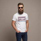 Man wearing dark jeans and white t-shirt on a brown light brown background. T-shirt has a graphic design of 13 red, white, and blue stripes with a cut out (negative space) image of a chef's knife and text "THIRTEEN STRIPES. ONE STANDARD."  